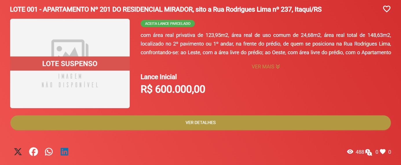 (SUSPENSO) LEILÃO JUDICIAL - VARA DO TRABALHO - POSTO DE ITAQUI/RS